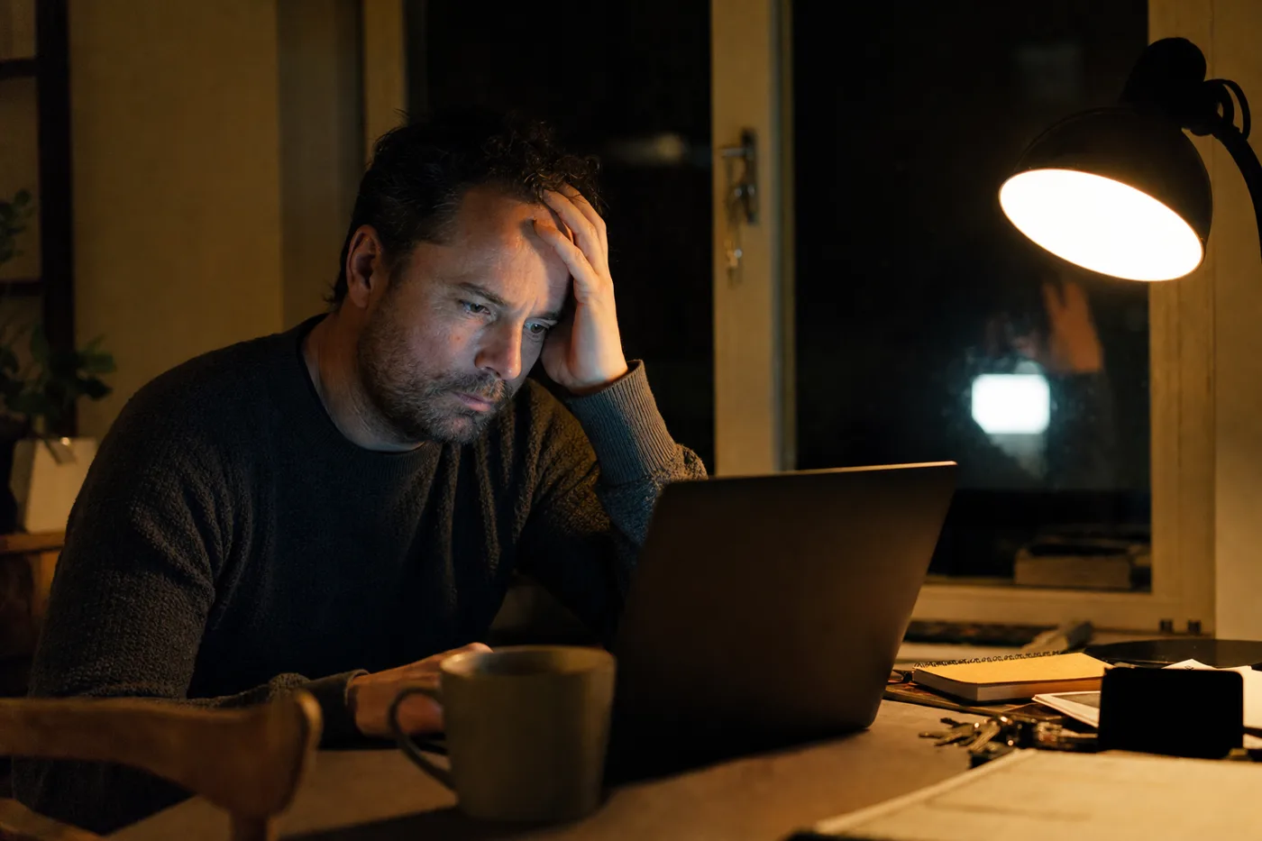 A tired worker alone at a kitchen table at night practicing on a laptop by lamp light