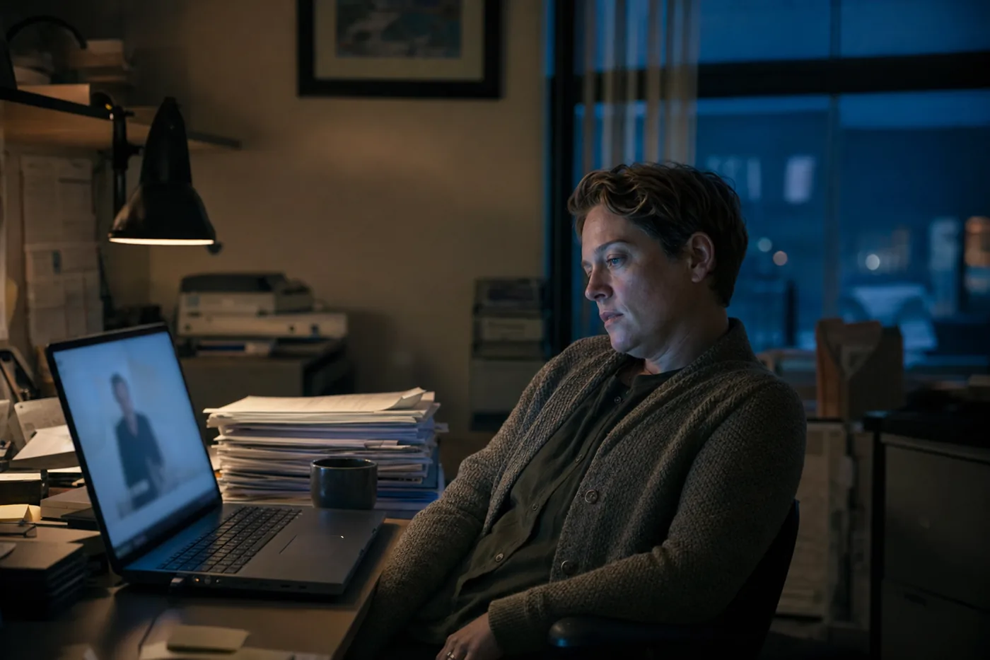 A worker alone at dusk half-watching a passive training video on a laptop while real work sits untouched on the desk beside them, screen glow on a tired face