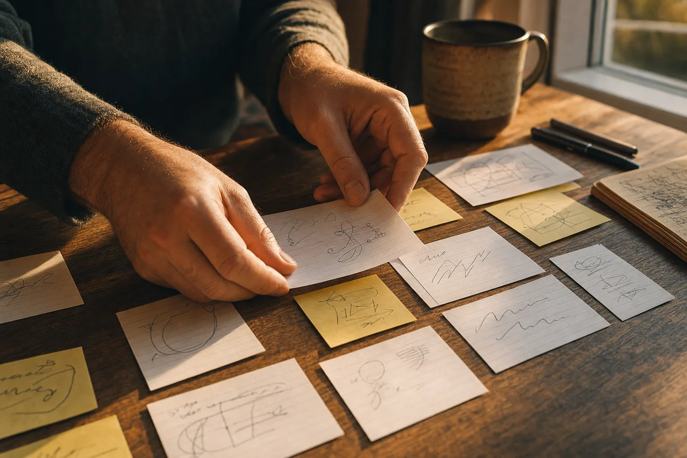 Hands arranging printed prompt cards and sticky notes on a desk in warm morning light to build a retrieval practice routine