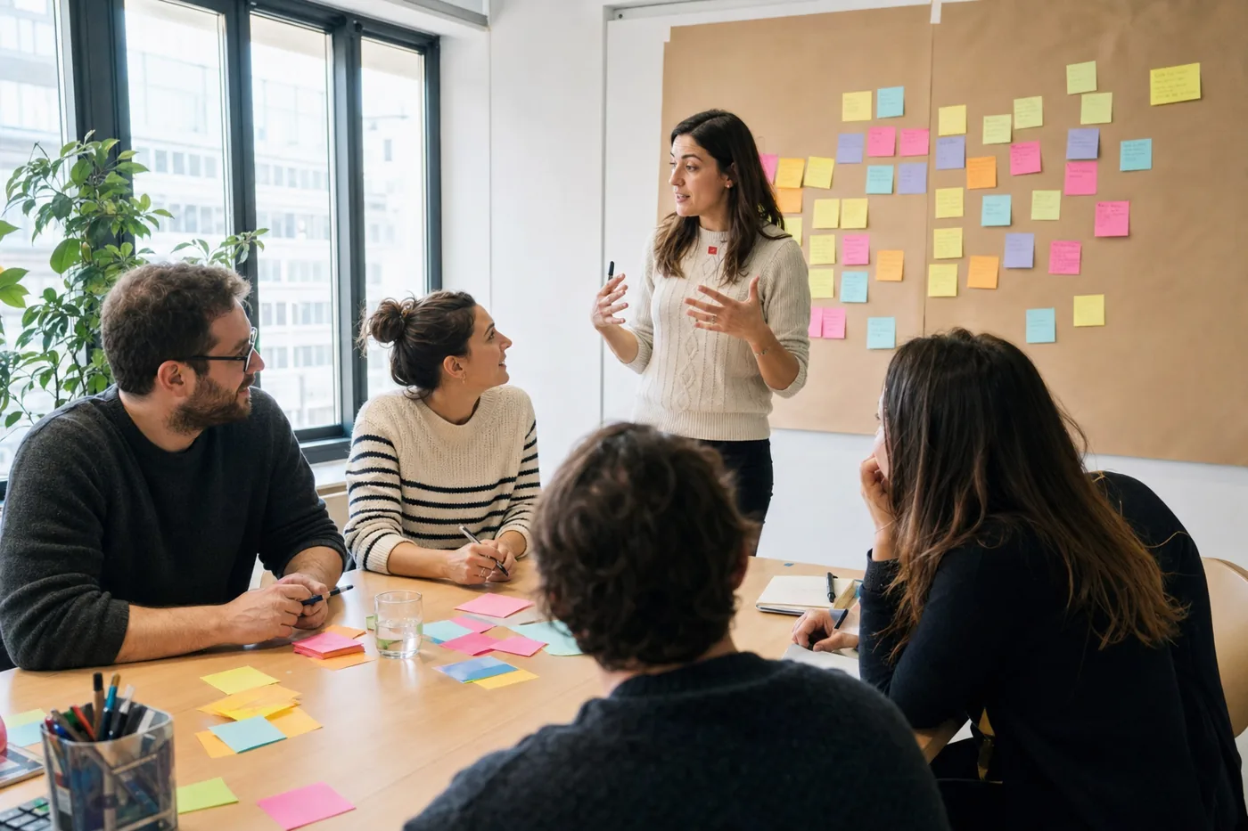 Coworkers applying the science of learning in a hands-on workplace training workshop around a wall of sticky notes