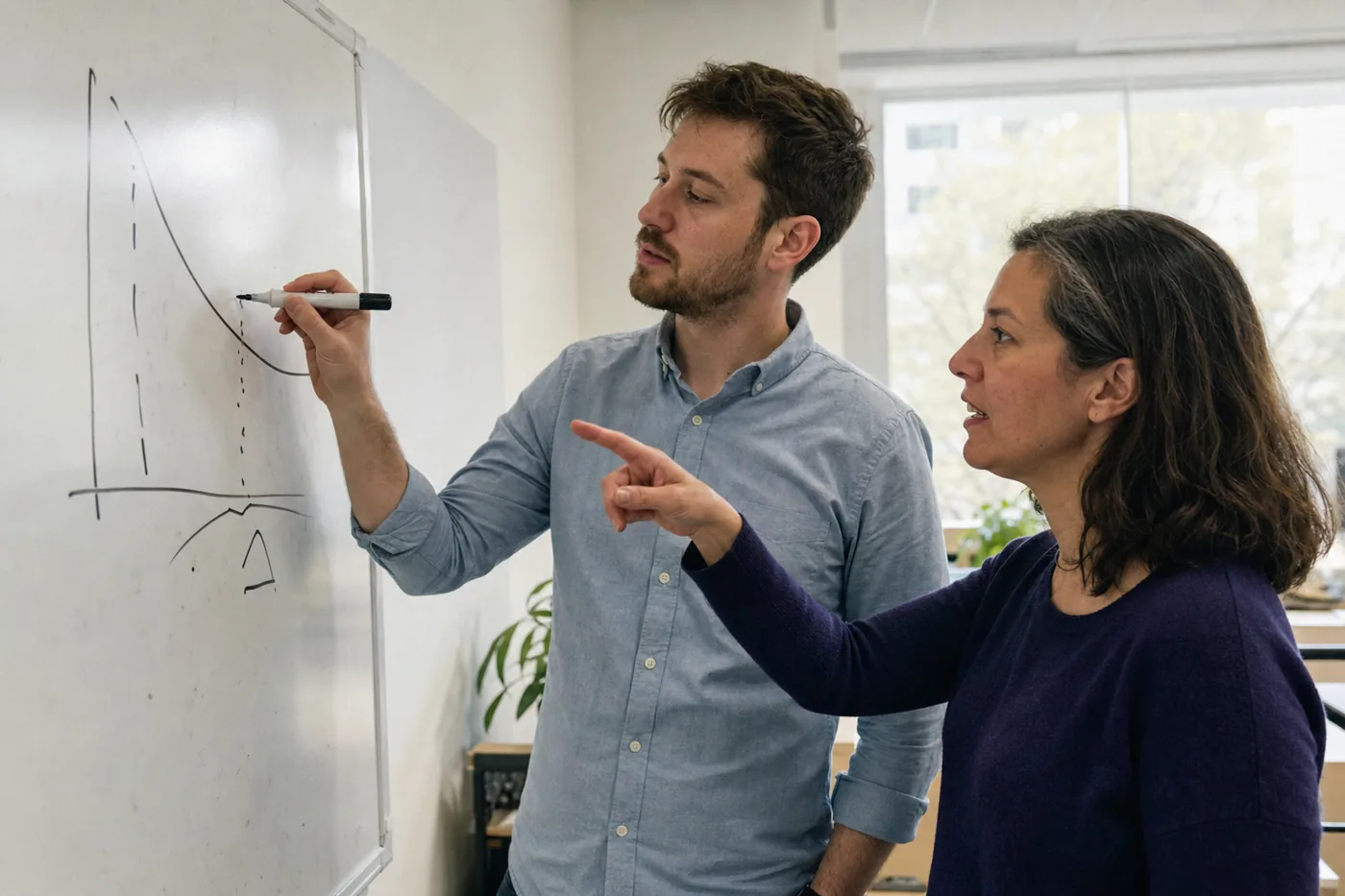 Two coworkers at a whiteboard, one sketching a downward forgetting curve with a marker while the other points, in bright daylight