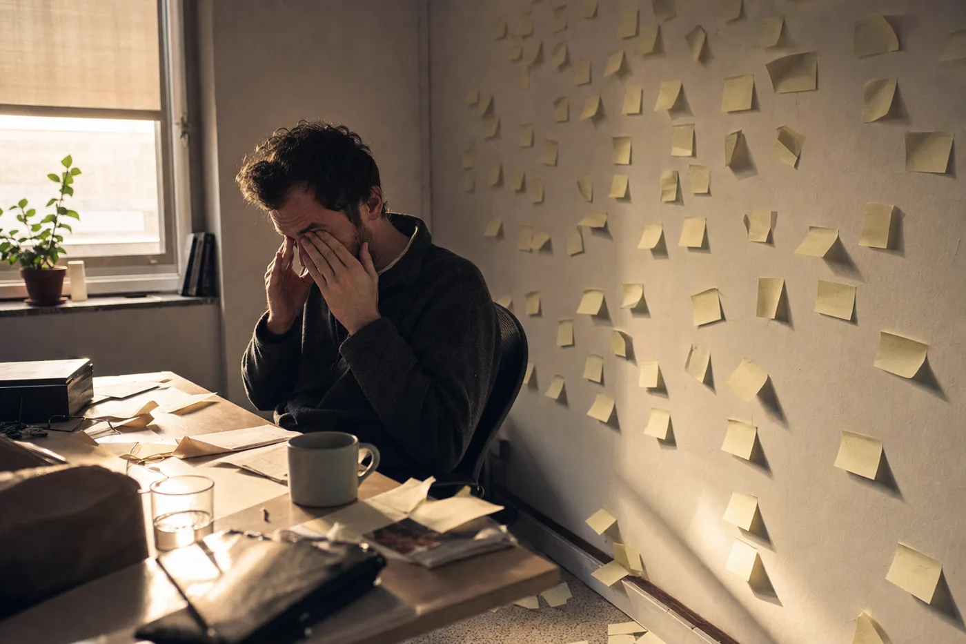A worker alone at a desk beside peeling blank sticky notes at sunrise, illustrating how quickly training fades on the forgetting curve