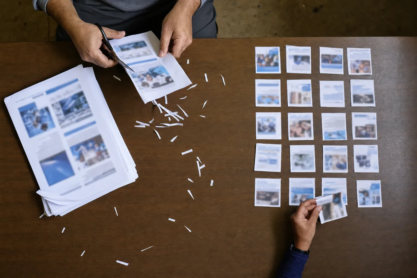 Hands cutting a thick training manual into small cards arranged in a spaced grid, building a microlearning program