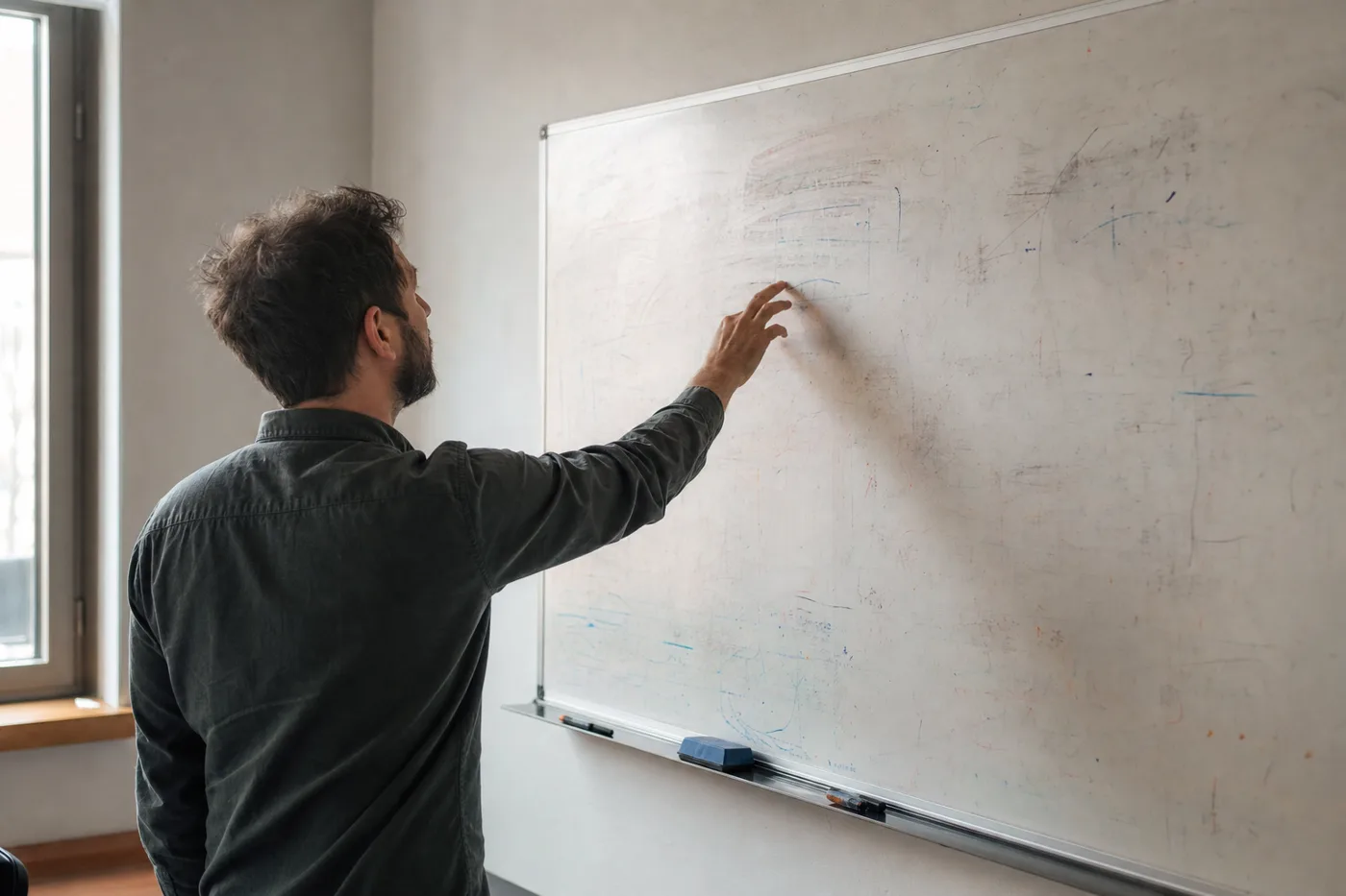 A man touching the half-erased ghost lines on an old whiteboard, a picture of how quickly training fades from memory